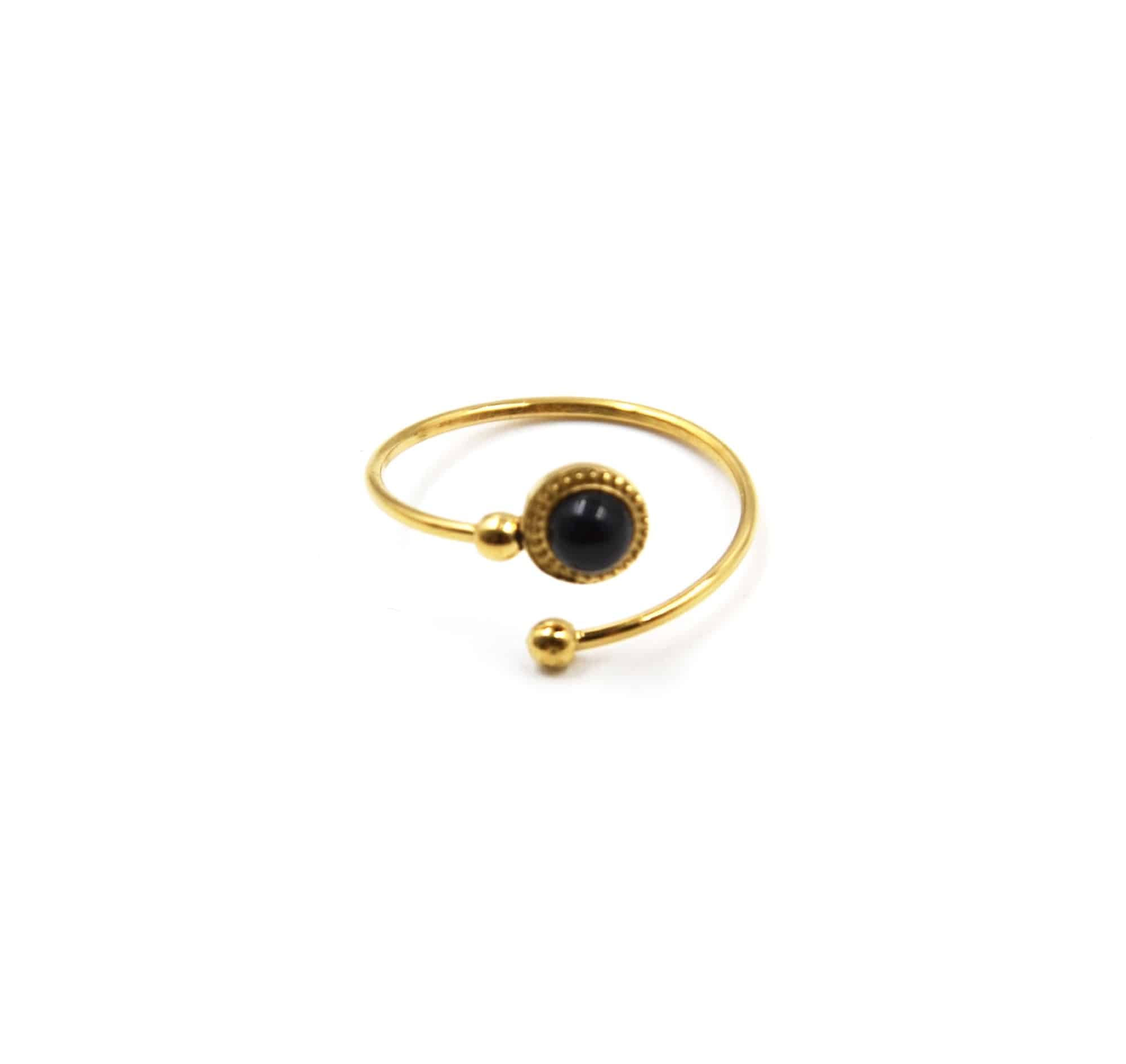 Bague-Anneau-Ouvert-avec-Billes-et-Pierre-Noire-Contour-Acier-Dore