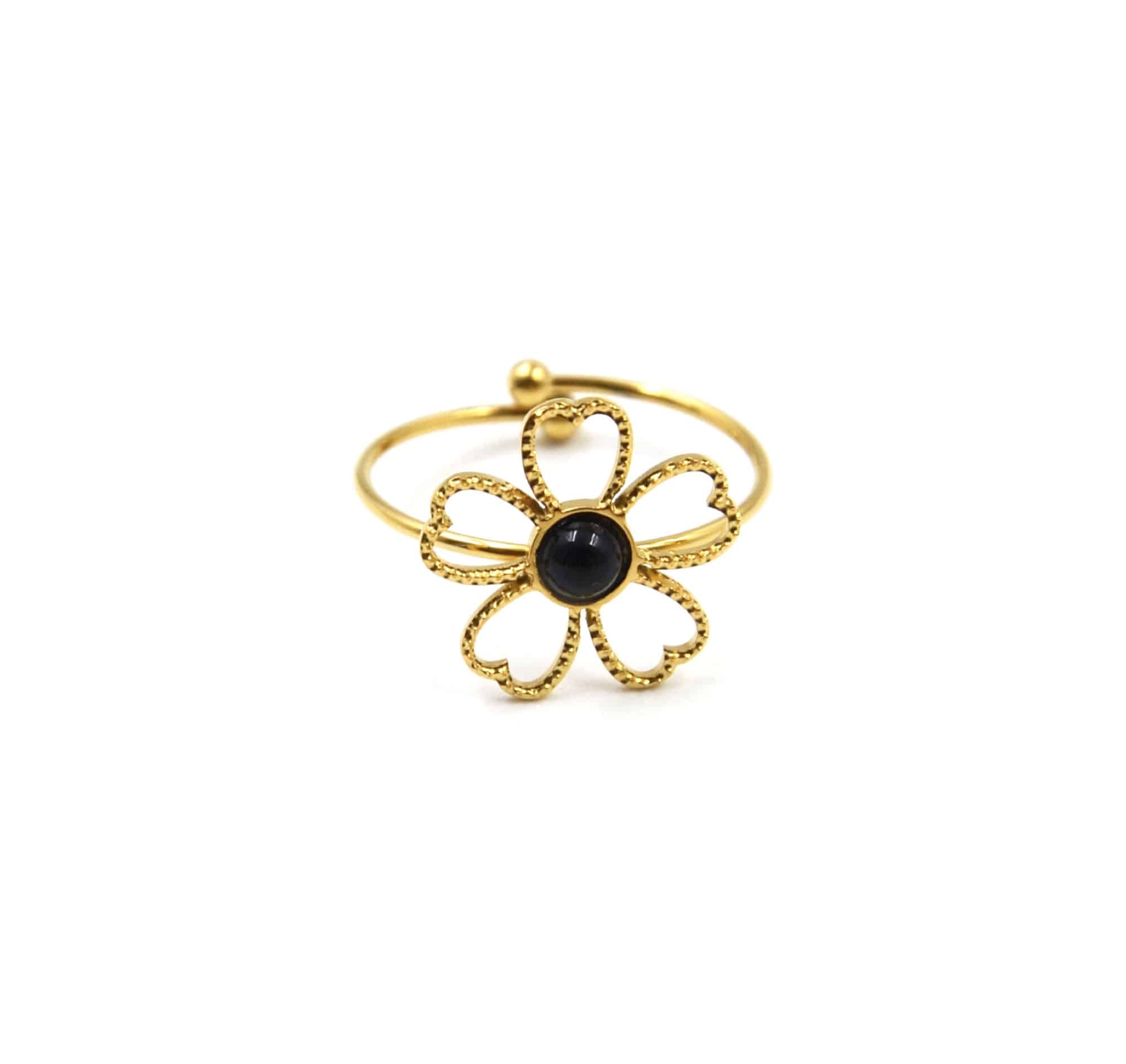 Bague-avec-Fleur-Petales-Contour-Acier-Dore-et-Pierre-Noire