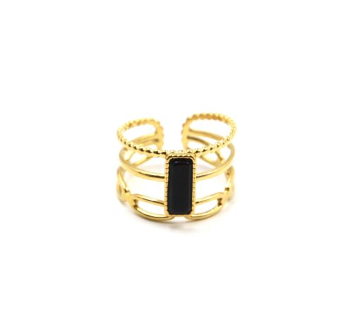 Bague-3-Rangs-avec-Maillons-Acier-Dore-et-Pierre-Rectangle-Noire