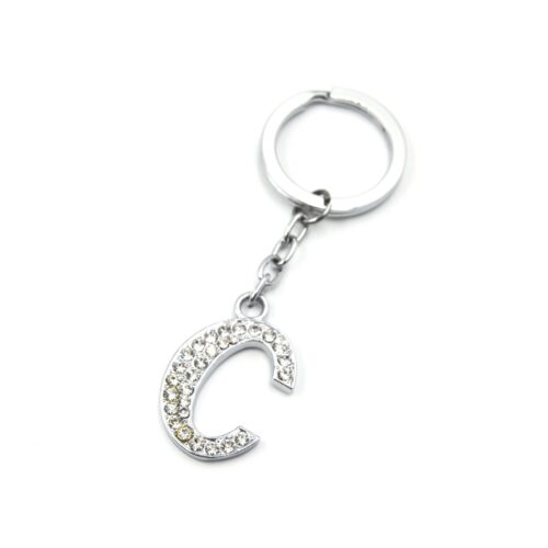 Porte-Cles-Bijou-de-Sac-Lettre-C-Metal-Argente-et-Strass
