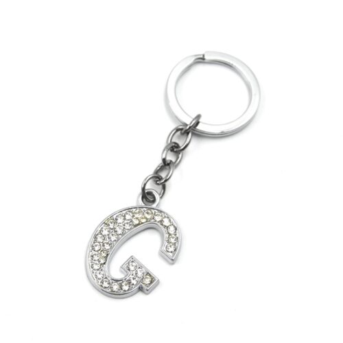 Porte-Cles-Bijou-de-Sac-Lettre-G-Metal-Argente-et-Strass