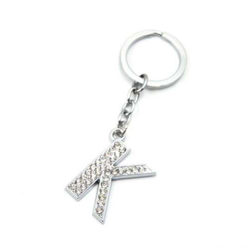 Porte-Cles-Bijou-de-Sac-Lettre-K-Metal-Argente-et-Strass