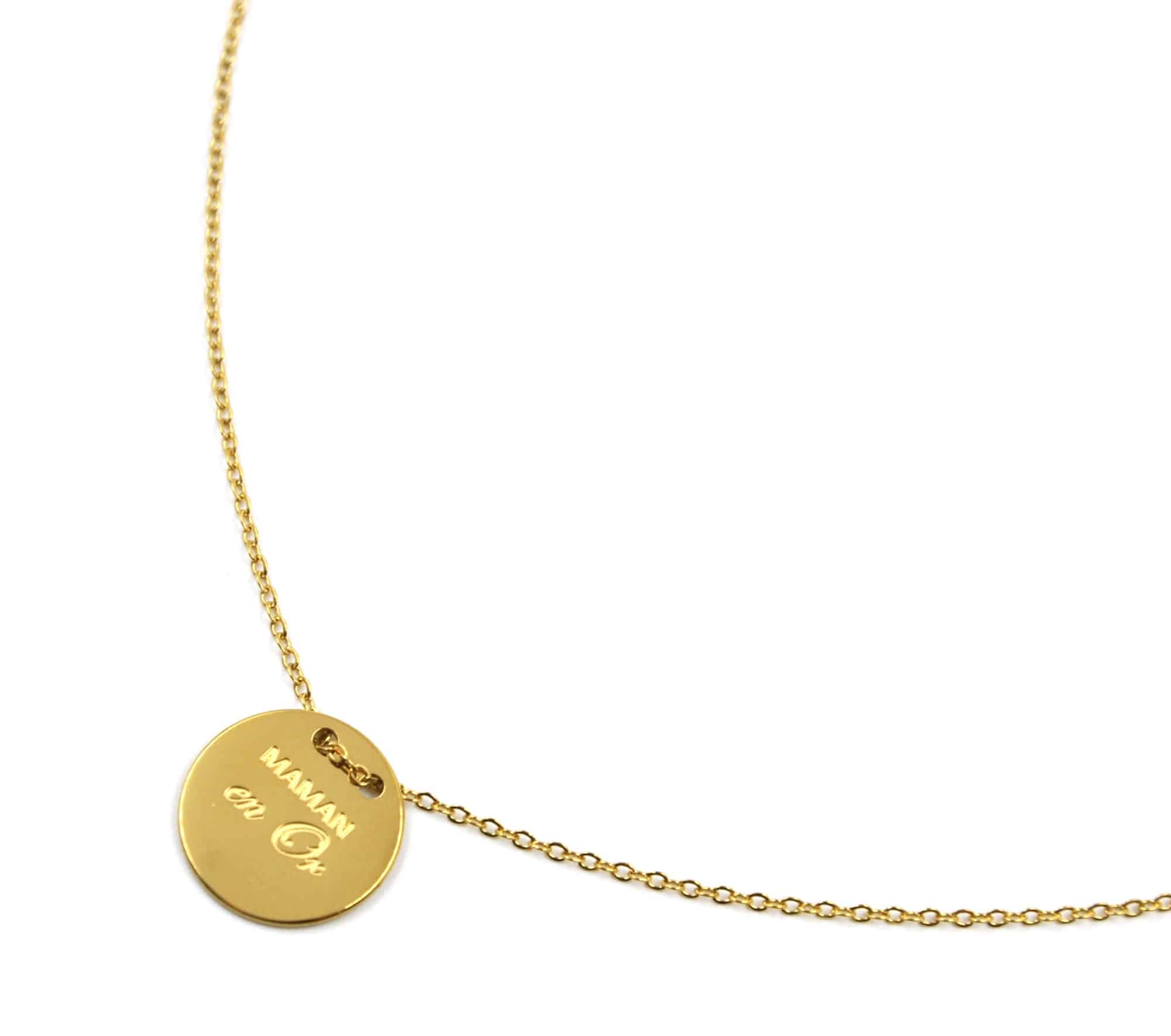 Collier-Pendentif-Medaille-Acier-Dore-avec-Message-Maman-en-Or