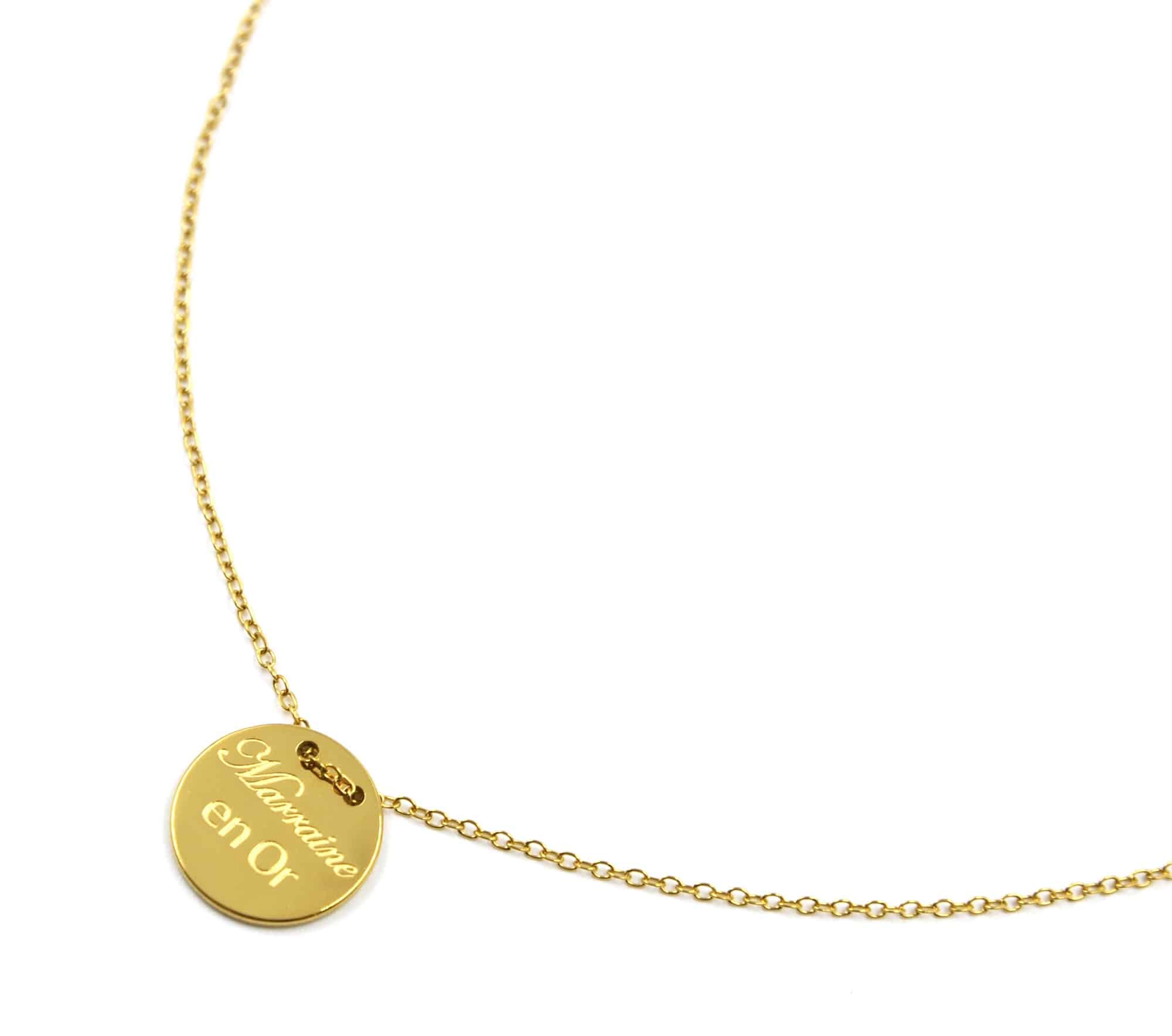 Collier-Pendentif-Medaille-Acier-Dore-avec-Message-Marraine-en-Or