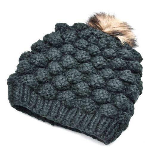 Bonnet-Hiver-Effet-Tricot-avec-Interieur-Polaire-Noir-et-Pompon-Fourrure