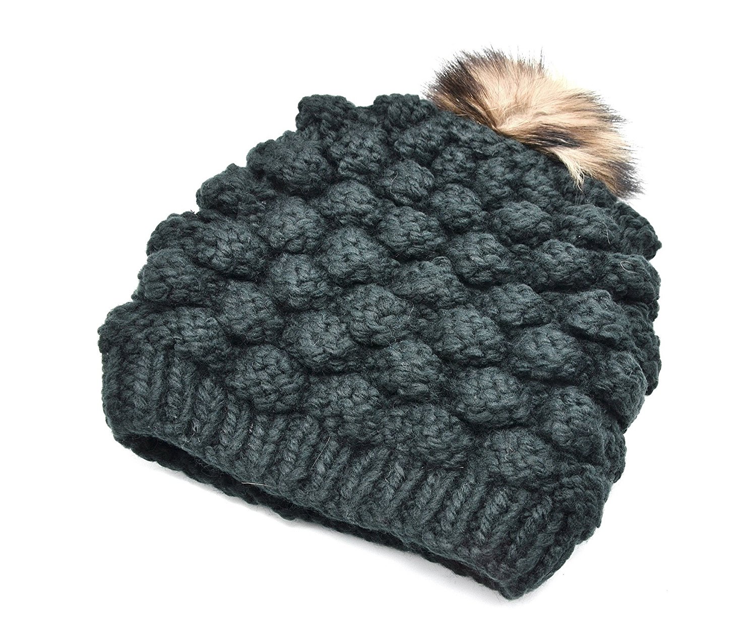 LBN01 - Bonnet Hiver Effet Tricot avec Intérieur Polaire et Pompon